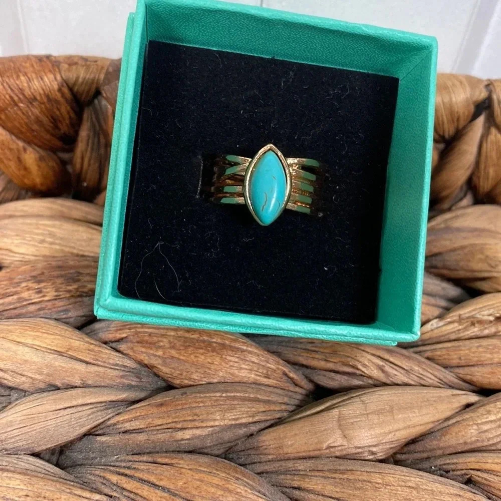 Gold tone ring with turquoise coloured stone - multiple sizes - New
